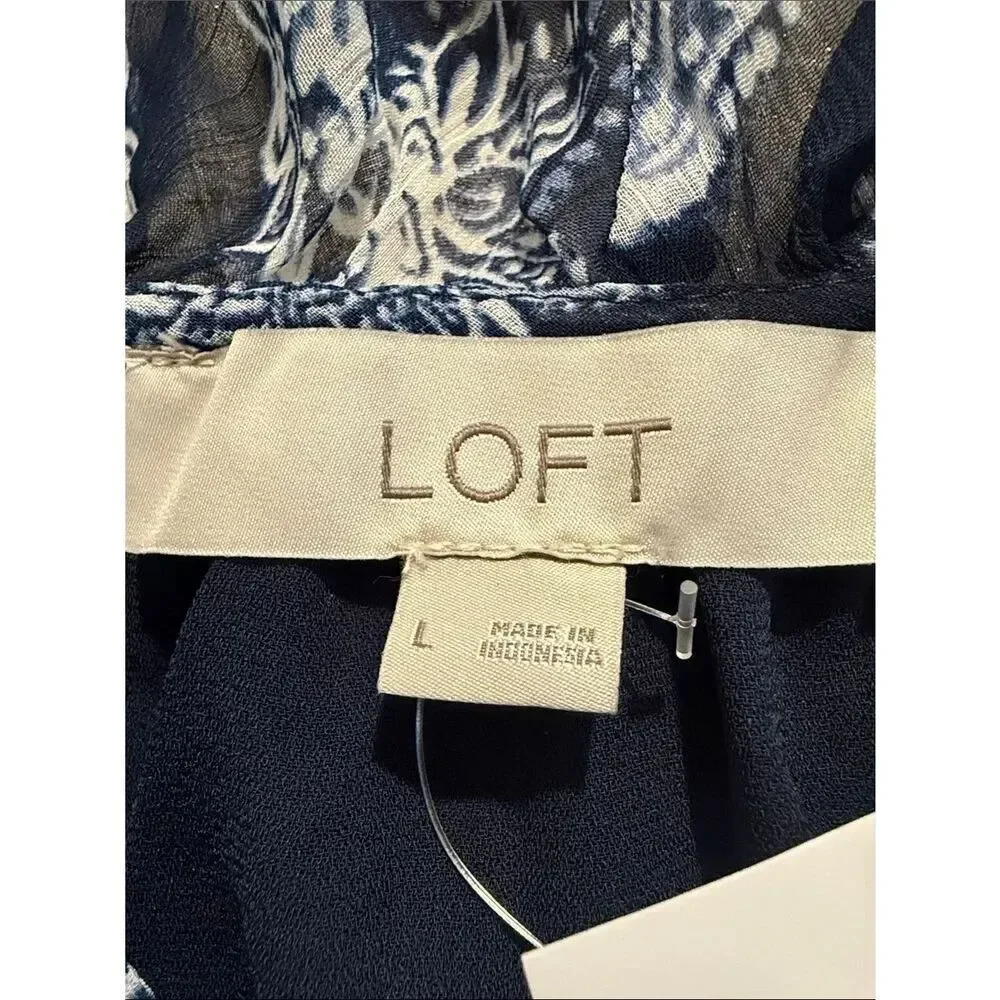 LOFT Blue White Floral Ruffle V Neck Peplum Hem Short Puff Sleeve Blouse NEW